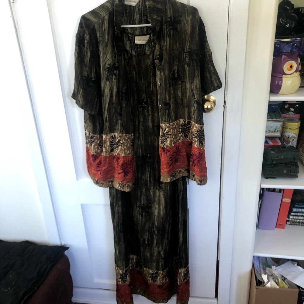 Vintage Tradition earthy Toned Maxi Dress with Floral  Hem with over shirt